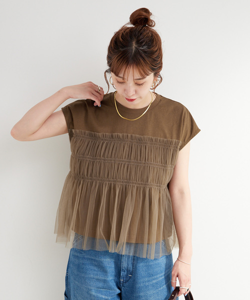 B.C STOCK(ベーセーストック)の「【WEB限定】手洗い可 / チュールドッキングプルオーバー(Tシャツ/カットソー・レディース・ブラック/ブルー/ホワイト/ブラウン・FREE)」の15枚目の写真
