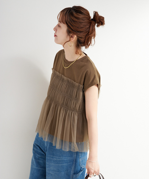 B.C STOCK(ベーセーストック)の「【WEB限定】手洗い可 / チュールドッキングプルオーバー(Tシャツ/カットソー・レディース・ブラック/ブルー/ホワイト/ブラウン・FREE)」の16枚目の写真