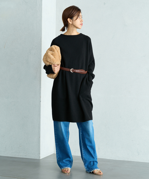IENA(イエナ)の「《WEB限定/追加》ウールカシミヤ チュニックワンピース(ニット/セーター・レディース・ライトグレー/ブラック・FREE)」の4枚目の写真