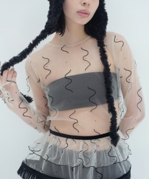 PoI（ポイ）の「【POI】tulle top naminami チュールトップス パーティー オケージョン 結婚式 謝恩会（Tシャツ/カットソー・レディース・ブラック/パープル/アイボリー・FREE）」の2枚目の写真
