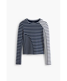 パッチワークストライプ ラウンドネック長袖Tシャツ