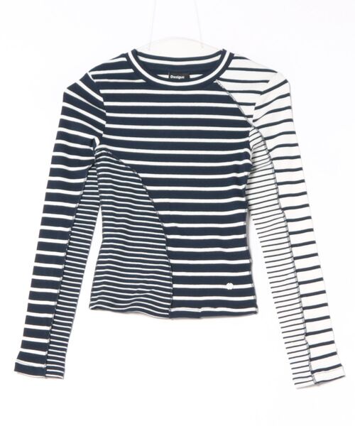Desigual（デシグアル）の「パッチワークストライプ ラウンドネック長袖Tシャツ（Tシャツ/カットソー・レディース・ブラック・S/M/L/XL/XS）」の5枚目の写真