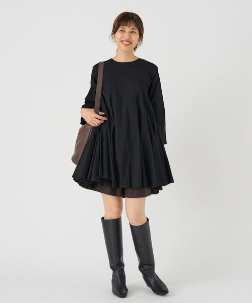 AAYUSHI アユーシ　カットワークスカラップパフスリーブワンピース　ブラック SEN0203〕カットワークスカラップパフスリーブワンピース | AAYUSHI