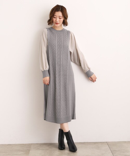 grove(グローブ)の「一枚で華やぐ、袖布帛ケーブルニットワンピース(ワンピース・レディース・ブラック/グレー/モスグリーン・02/03/01/04/05)」の6枚目の写真