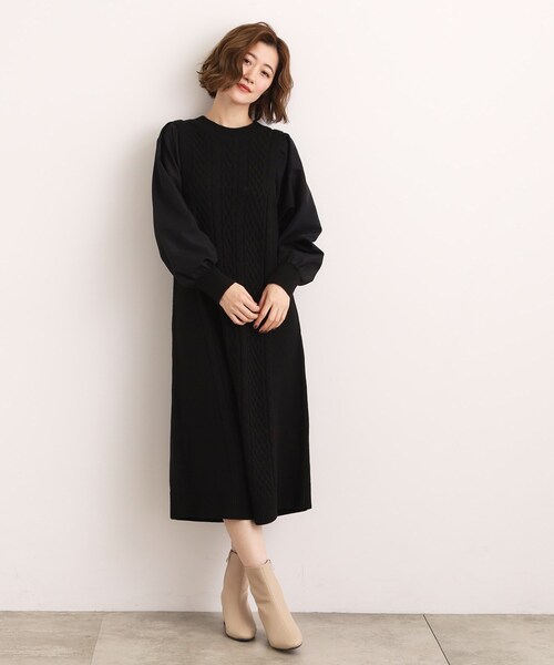 grove(グローブ)の「一枚で華やぐ、袖布帛ケーブルニットワンピース(ワンピース・レディース・ブラック/グレー/モスグリーン・02/03/01/04/05)」の10枚目の写真