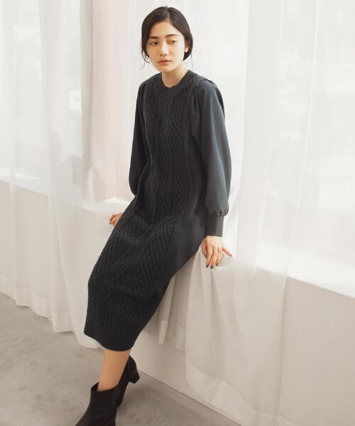 grove(グローブ)の「一枚で華やぐ、袖布帛ケーブルニットワンピース(ワンピース・レディース・ブラック/グレー/モスグリーン・02/03/01/04/05)」の13枚目の写真