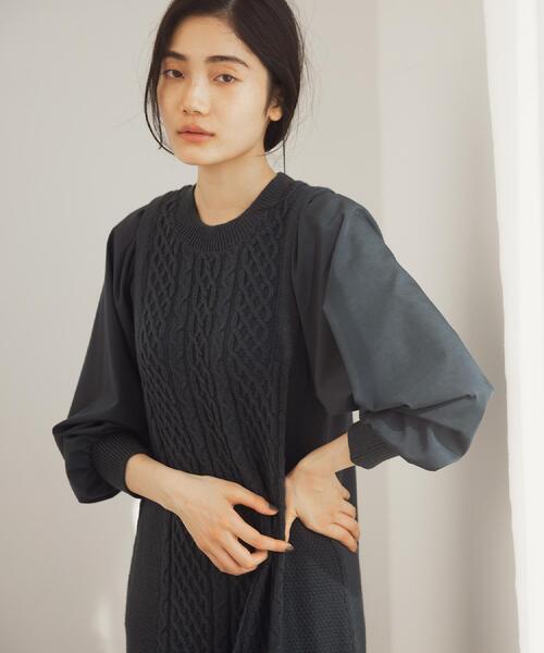 grove(グローブ)の「一枚で華やぐ、袖布帛ケーブルニットワンピース(ワンピース・レディース・ブラック/グレー/モスグリーン・02/03/01/04/05)」の14枚目の写真