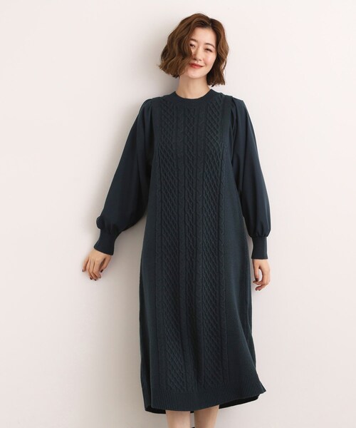 grove(グローブ)の「一枚で華やぐ、袖布帛ケーブルニットワンピース(ワンピース・レディース・ブラック/グレー/モスグリーン・02/03/01/04/05)」の15枚目の写真