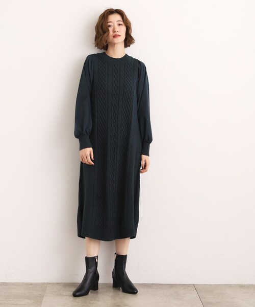 grove(グローブ)の「一枚で華やぐ、袖布帛ケーブルニットワンピース(ワンピース・レディース・ブラック/グレー/モスグリーン・02/03/01/04/05)」の16枚目の写真