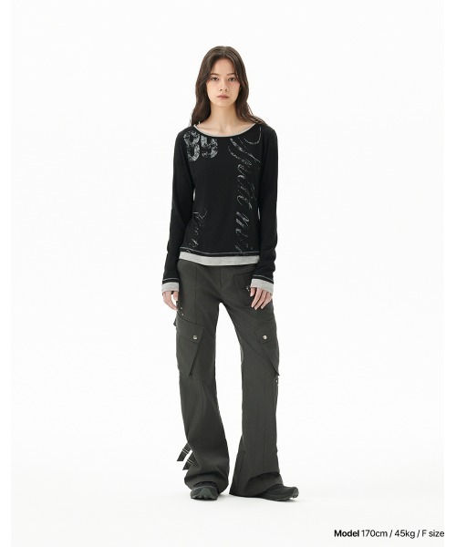 MAHAGRID(マハグリッド)の「『mahagrid/マハグリッド』 TRUTH LAYERED LONG SLEEVE TEE/レイヤードオフショルダー 長袖Tシャツ(Tシャツ/カットソー・レディース・チャコールグレー/アイボリー/ブラック・FREE)」の5枚目の写真