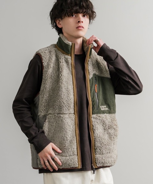 KRIFF MAYER（クリフメイヤー）の「KRIFF MAYER クリフメイヤー スタンドネック配色切替シャギーボアベスト 2514402（ベスト・メンズ・グリーン/マルチ/グレー/ブラック/ナチュラル/ネイビー/ブラウン・XL/L/M）」の3枚目の写真