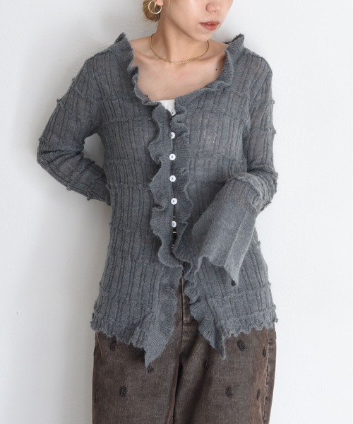 セール】ランダムリブフリルニットカーディガン（カーディガン/ボレロ