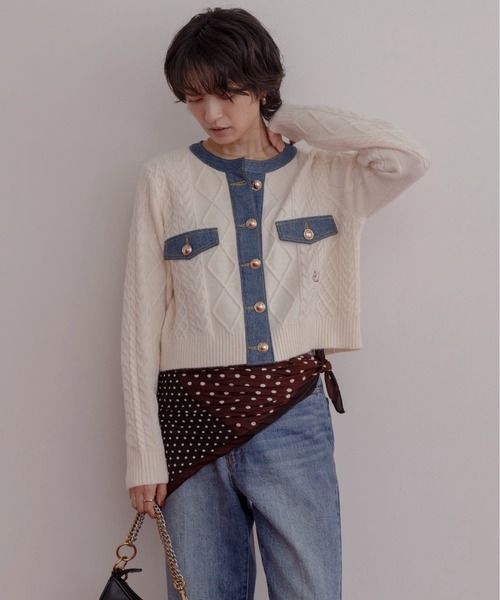 Eimee Law(エイミーロウ)の「ニット×デニム MIX編みカーデ(カーディガン/ボレロ・レディース・チャコールグレー/アイボリー/ブラック・FREE)」の7枚目の写真