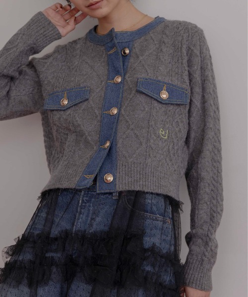 新品　今季　完売品　エイミーロウ　Eimee Law デニムポケットニットカーデ ニット×デニム MIX編みカーデ（カーディガン/ボレロ）｜Eimee Law