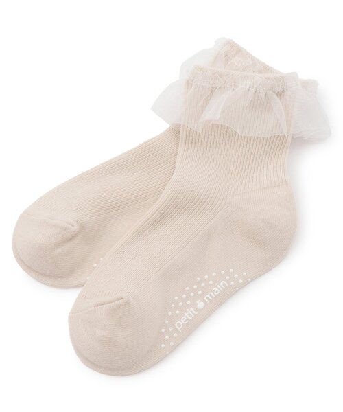 petit main(プティマイン)の「チュールフリルソックス(ソックス/靴下・キッズ・ピンク/グレー/キナリ/オフホワイト・L/M/S/SS)」の1枚目の写真