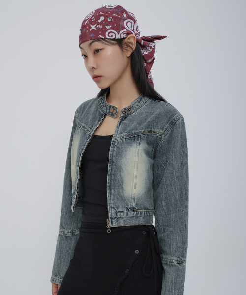 ヴィンテージウォッシングバイカーデニムクロップジャケットディープブルー