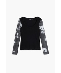 Desigual | ニュースペーパープリント チュール袖カットソー ブラック(Tシャツ/カットソー)