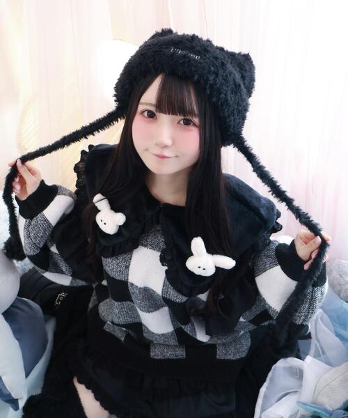 Whinny（ホワイニー）の「Whinny/しらたまねこパンチ帽（ニットキャップ/ビーニー・レディース・ホワイト/グレー/ブラック・FREE）」の9枚目の写真