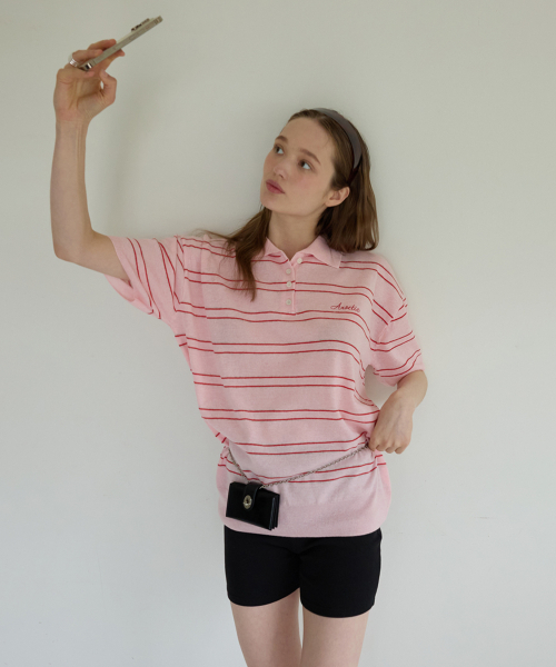 ANOETIC（アノエティック）の「ANC CHARMING STRIPE HALF KNIT_PINK（ニット/セーター・レディース・ピンク・FREE）」の2枚目の写真