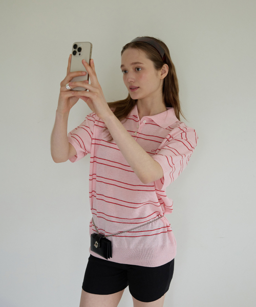 ANOETIC（アノエティック）の「ANC CHARMING STRIPE HALF KNIT_PINK（ニット/セーター・レディース・ピンク・FREE）」の3枚目の写真
