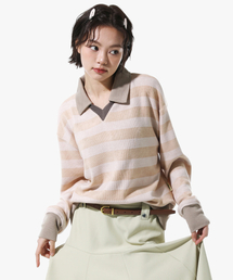 PIECEMAKER（ピースメーカー）の「STRIPE V NECK COLLAR KNIT (BEIGE)（ニット/セーター）」