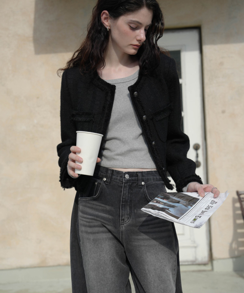 DEHEVE（デヘヴェ）の「Fringe Trimming Tweed Jacket [Black]（その他アウター・レディース・ブラック・MEDIUM/SMALL）」の2枚目の写真