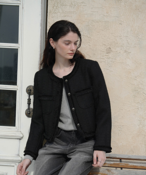 DEHEVE（デヘヴェ）の「Fringe Trimming Tweed Jacket [Black]（その他アウター・レディース・ブラック・MEDIUM/SMALL）」の3枚目の写真