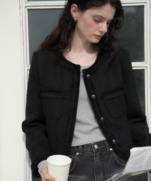 DEHEVE（デヘヴェ）の「Fringe Trimming Tweed Jacket [Black]（その他アウター・レディース・ブラック・MEDIUM/SMALL）」の6枚目の写真