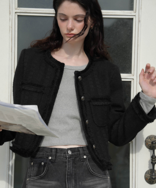 DEHEVE（デヘヴェ）の「Fringe Trimming Tweed Jacket [Black]（その他アウター・レディース・ブラック・MEDIUM/SMALL）」の8枚目の写真