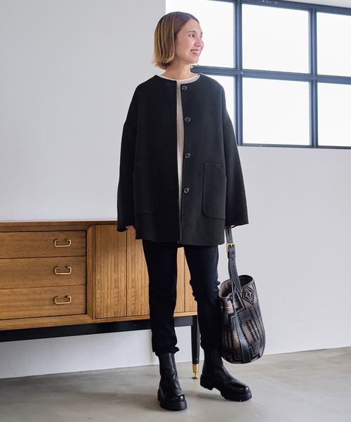 FRAMeWORK（フレームワーク）の「≪WEB限定追加≫ハミルトンリバークルーネックコート 2（ノーカラーコート・レディース・チャコールグレー/ブラック・34/36/38）」の3枚目の写真