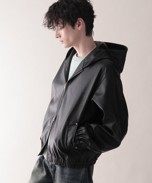 セール】Synthetic Leather Short Hood Blouson/シンセティックレザー