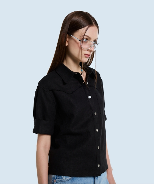 LARTIGENT(ラーティゼン)の「L11 LINEN HALF SHIRT(BLACK)(シャツ/ブラウス・レディース・その他・FREE)」の1枚目の写真