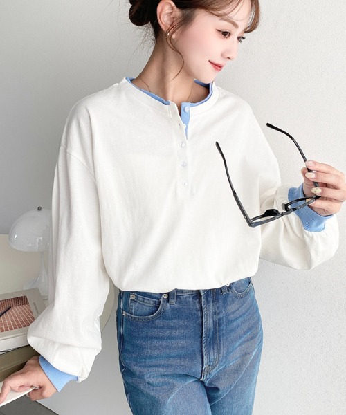 moment+(モーメントプラス)の「ヘンリーネックバイカラー配色リブロンT(Tシャツ/カットソー・レディース・杢グレー/オートミール/オフホワイト/ネイビー・M/L)」の9枚目の写真