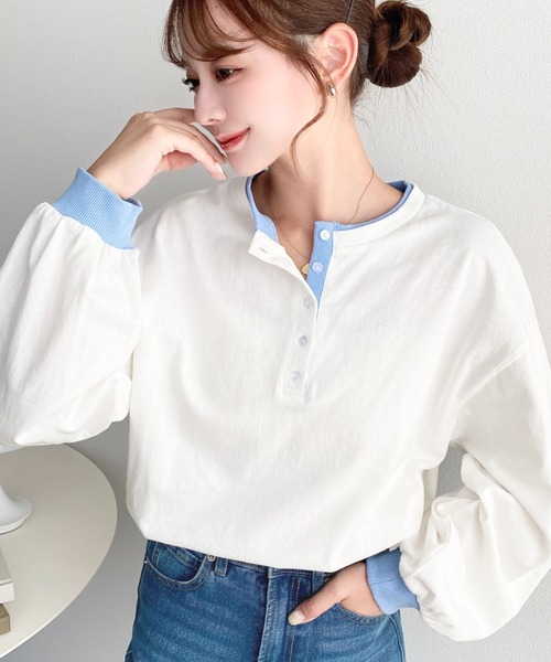 moment+(モーメントプラス)の「ヘンリーネックバイカラー配色リブロンT(Tシャツ/カットソー・レディース・杢グレー/オートミール/オフホワイト/ネイビー・M/L)」の7枚目の写真