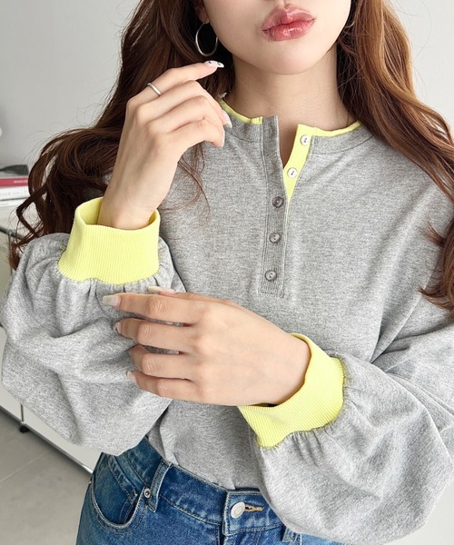 moment+(モーメントプラス)の「ヘンリーネックバイカラー配色リブロンT(Tシャツ/カットソー・レディース・杢グレー/オートミール/オフホワイト/ネイビー・M/L)」の11枚目の写真