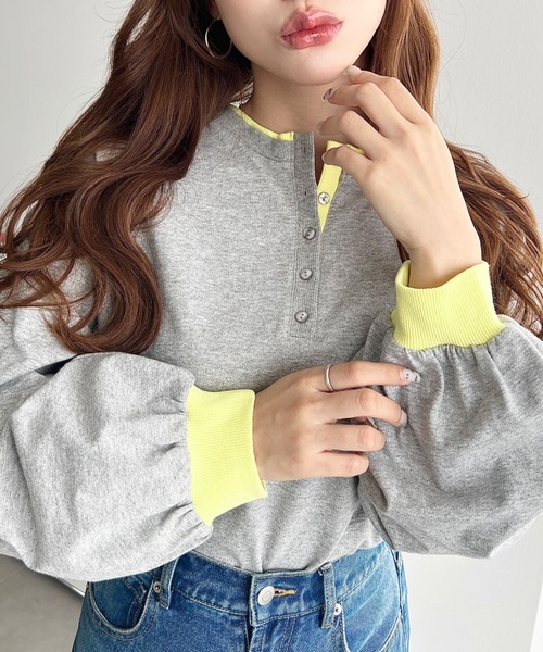 moment+(モーメントプラス)の「ヘンリーネックバイカラー配色リブロンT(Tシャツ/カットソー・レディース・杢グレー/オートミール/オフホワイト/ネイビー・M/L)」の10枚目の写真