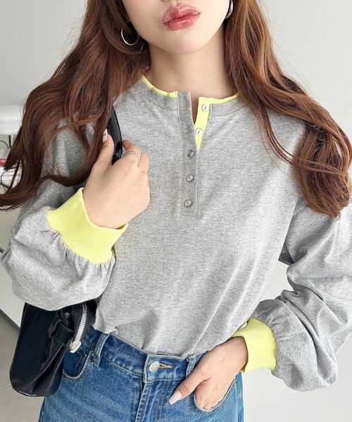 moment+(モーメントプラス)の「ヘンリーネックバイカラー配色リブロンT(Tシャツ/カットソー・レディース・杢グレー/オートミール/オフホワイト/ネイビー・M/L)」の12枚目の写真