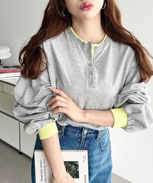 moment+(モーメントプラス)の「ヘンリーネックバイカラー配色リブロンT(Tシャツ/カットソー・レディース・杢グレー/オートミール/オフホワイト/ネイビー・M/L)」の13枚目の写真