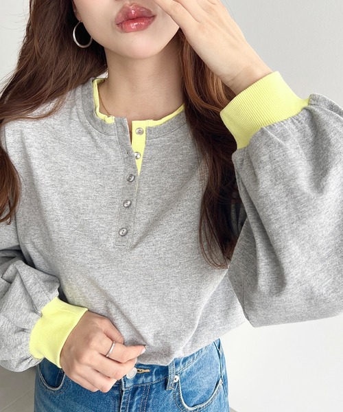 moment+(モーメントプラス)の「ヘンリーネックバイカラー配色リブロンT(Tシャツ/カットソー・レディース・杢グレー/オートミール/オフホワイト/ネイビー・M/L)」の14枚目の写真