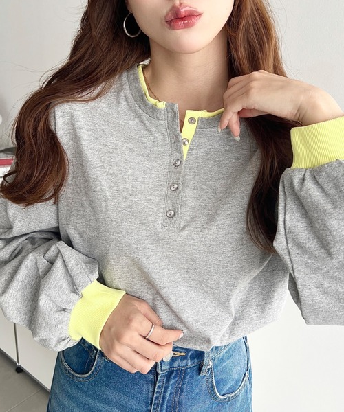 moment+(モーメントプラス)の「ヘンリーネックバイカラー配色リブロンT(Tシャツ/カットソー・レディース・杢グレー/オートミール/オフホワイト/ネイビー・M/L)」の15枚目の写真