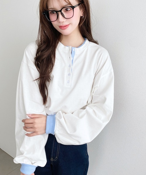 ヘンリーネックバイカラー配色リブロンT（Tシャツ/カットソー