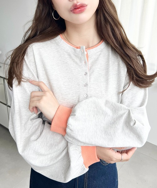moment+(モーメントプラス)の「ヘンリーネックバイカラー配色リブロンT(Tシャツ/カットソー・レディース・杢グレー/オートミール/オフホワイト/ネイビー・M/L)」の17枚目の写真