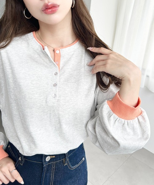 moment+(モーメントプラス)の「ヘンリーネックバイカラー配色リブロンT(Tシャツ/カットソー・レディース・杢グレー/オートミール/オフホワイト/ネイビー・M/L)」の19枚目の写真