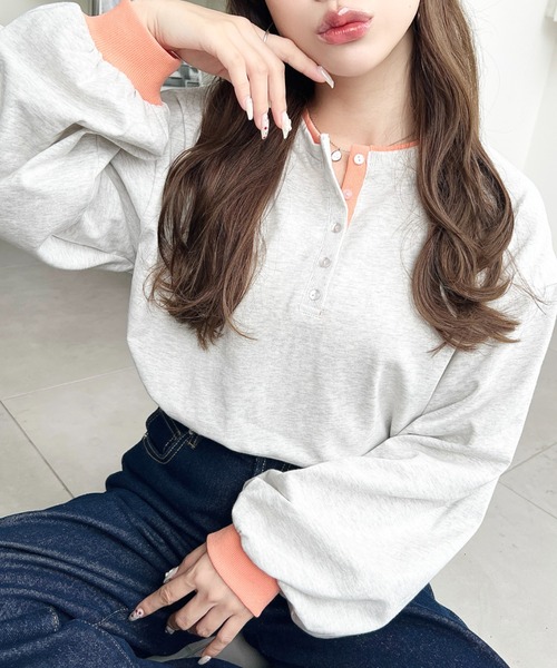 moment+(モーメントプラス)の「ヘンリーネックバイカラー配色リブロンT(Tシャツ/カットソー・レディース・杢グレー/オートミール/オフホワイト/ネイビー・M/L)」の20枚目の写真
