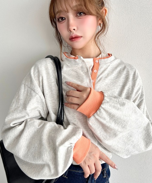 moment+(モーメントプラス)の「ヘンリーネックバイカラー配色リブロンT(Tシャツ/カットソー・レディース・杢グレー/オートミール/オフホワイト/ネイビー・M/L)」の21枚目の写真
