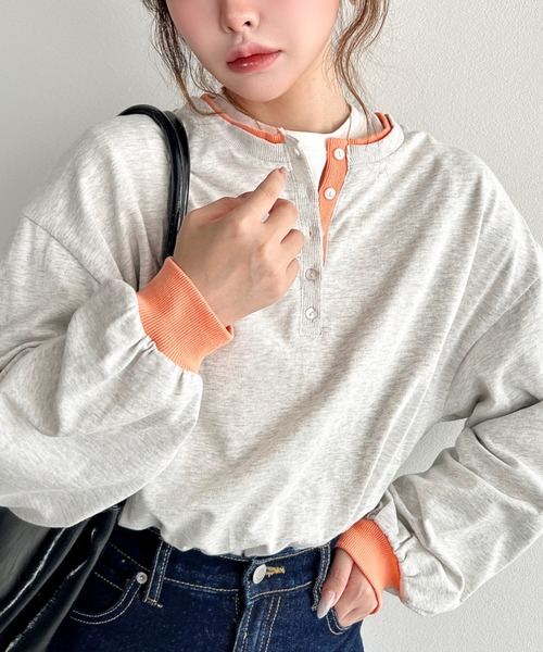 moment+(モーメントプラス)の「ヘンリーネックバイカラー配色リブロンT(Tシャツ/カットソー・レディース・杢グレー/オートミール/オフホワイト/ネイビー・M/L)」の22枚目の写真