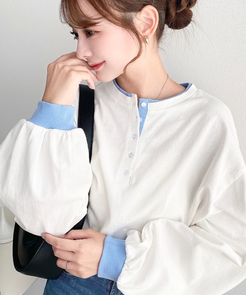 moment+(モーメントプラス)の「ヘンリーネックバイカラー配色リブロンT(Tシャツ/カットソー・レディース・杢グレー/オートミール/オフホワイト/ネイビー・M/L)」の5枚目の写真
