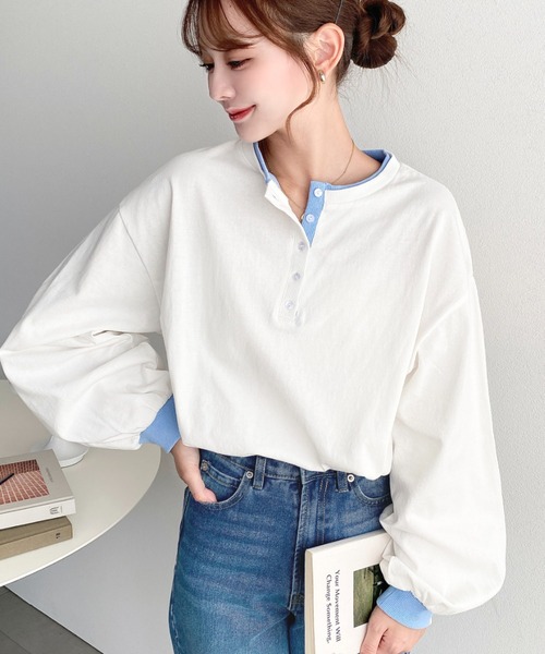 moment+(モーメントプラス)の「ヘンリーネックバイカラー配色リブロンT(Tシャツ/カットソー・レディース・杢グレー/オートミール/オフホワイト/ネイビー・M/L)」の8枚目の写真
