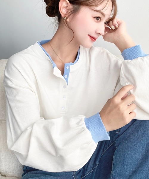 moment+(モーメントプラス)の「ヘンリーネックバイカラー配色リブロンT(Tシャツ/カットソー・レディース・杢グレー/オートミール/オフホワイト/ネイビー・M/L)」の6枚目の写真