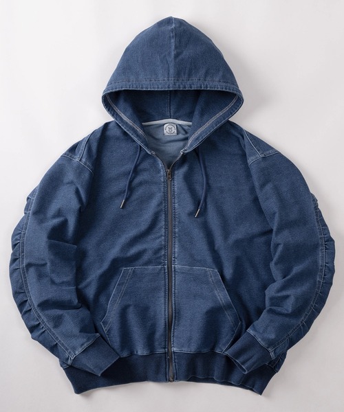 make a ray!（メイク ア レイ！）の「【84】ウォッシュ加工 カットデニム ストレッチ ジップパーカー（パーカー・メンズ・ブルー/ブラック・M/L）」の2枚目の写真